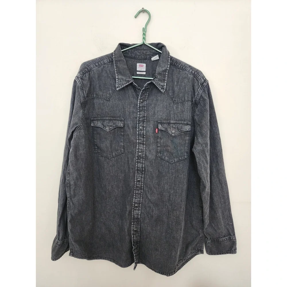 ☘️Levis Mens XL Barstow Western Denim Shirt Washed Black Snap Button Long Sleeve